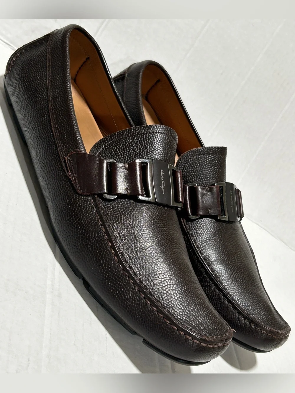 Salvatore Ferragamo Dark Brown Pebbled Leather Bit Loafers